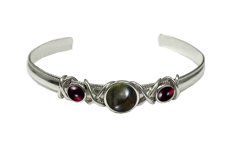 Sterling Silver Hand Made Cuff Bracelet With Spectrolite And Garnet